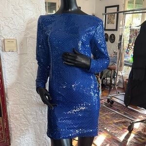 Elegant Long Sleeve Blue Sequin Dress